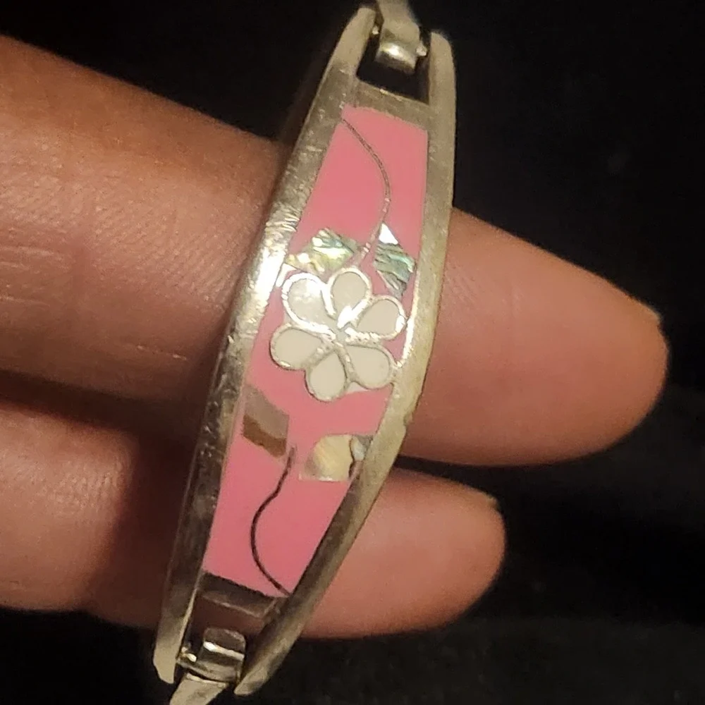 Vintage Alpaca Mexico Pink Enamel Abalone Flower‎ Hinged Bangle Bracelet kids